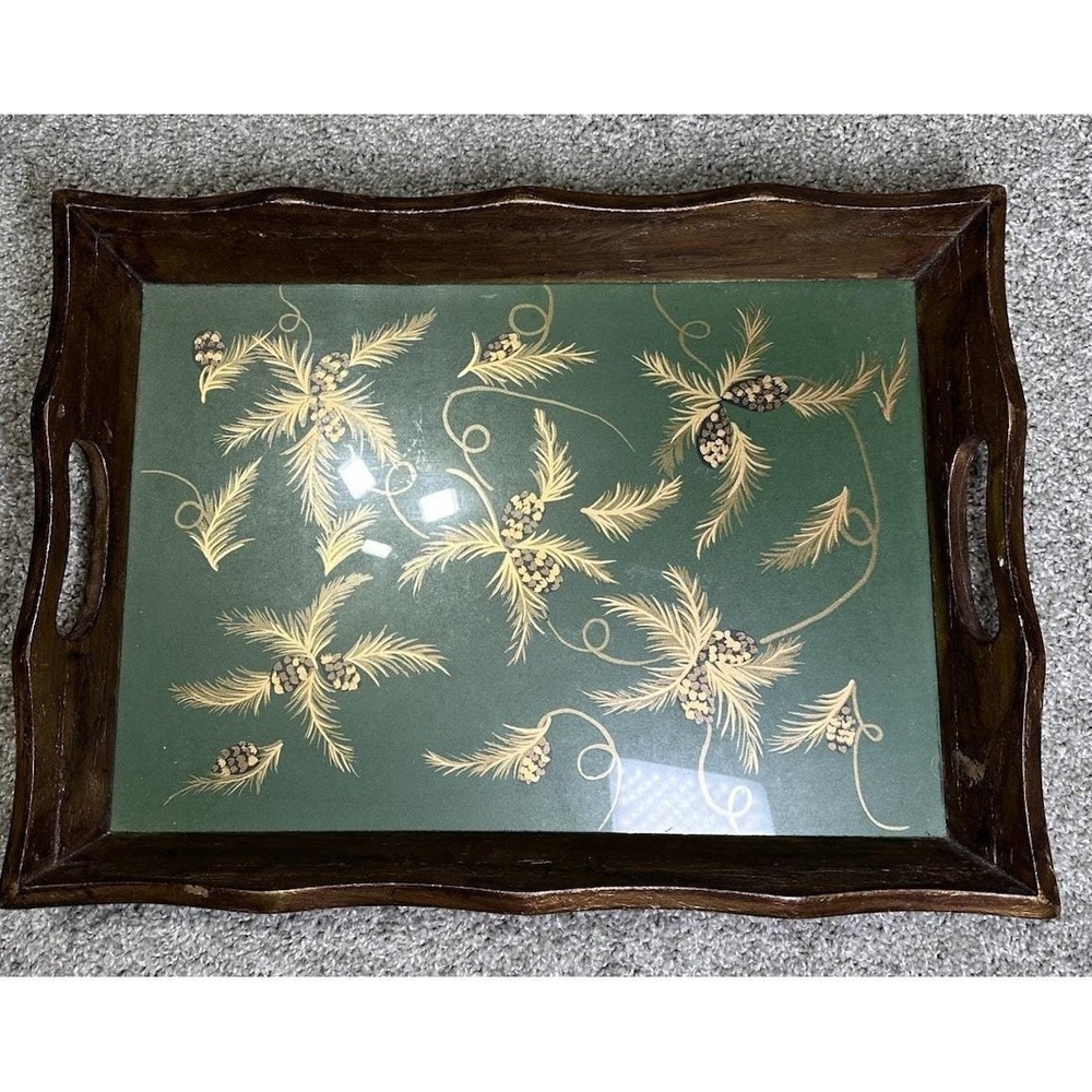 Vintage Christmas Tray Green Gold Pinecone Wood Serving Tray Target 2002